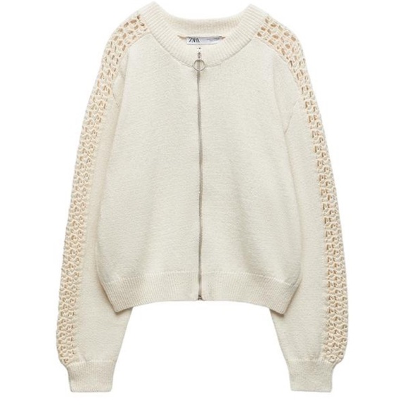 Zara Jackets & Blazers - Zara ivory knit zip up bomber jacket sweater with pointelle sleeves sz M